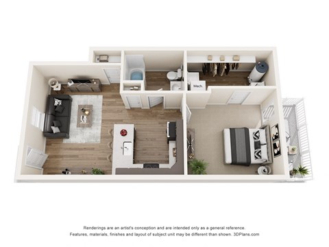 A 3D floor plan of a small apartment with a kitchen, living room, and bedroom.